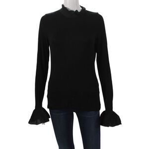 Me + Em Women Black Jersey Blouse High Neck Long Sleeve Zip Victorian Size 4